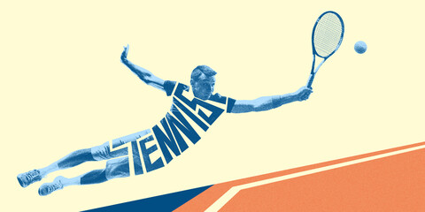Competitive and determined man, tennis player in motion during intense match, playing against...