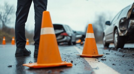 Traffic accident investigation highway photography rainy environment close-up viewpoint safety awareness campaign