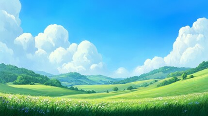 Obraz premium Serene vast grassland with rolling hills and wildflowers at sunrise, misty morning, photorealistic nature scene