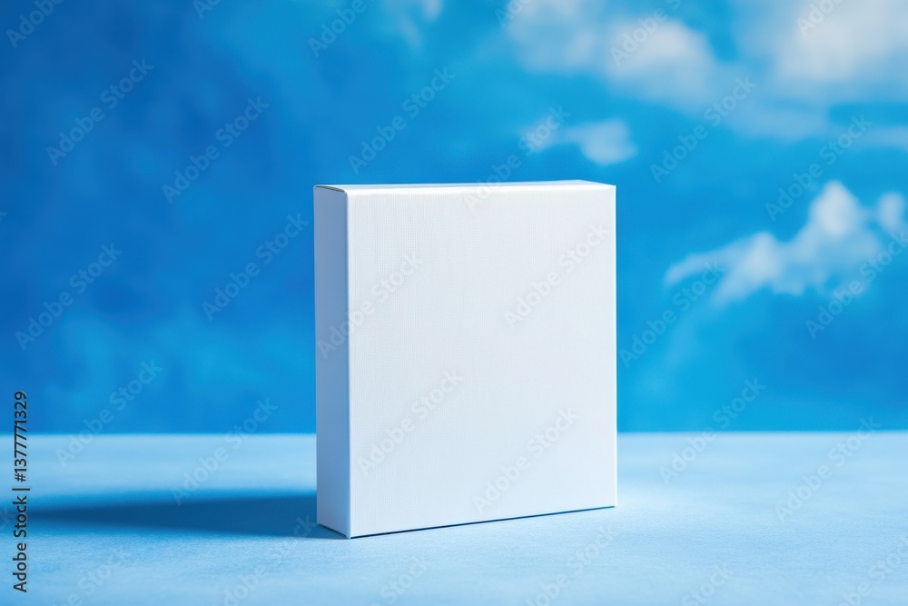Fototapete Minimalist white box displayed against a serene blue backdrop with soft clouds in the background during daylight