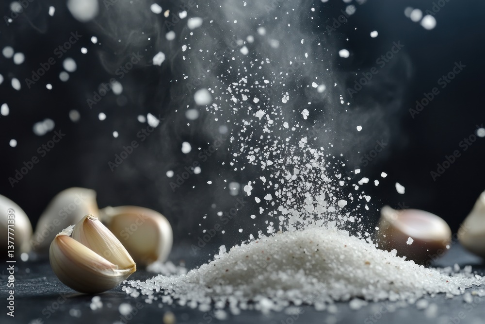 Aufkleber garlic cloves and salt create a unique culinary scene in a kitchen setting during preparation