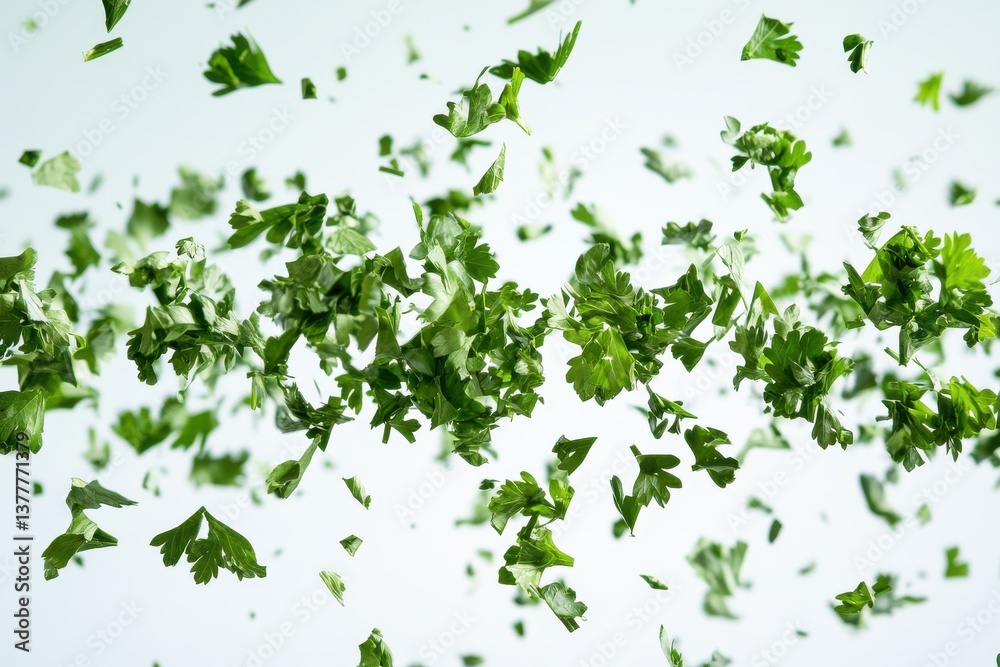 Poster Freshly chopped parsley floating in the air against a light background creating a dynamic culinary atmosphere