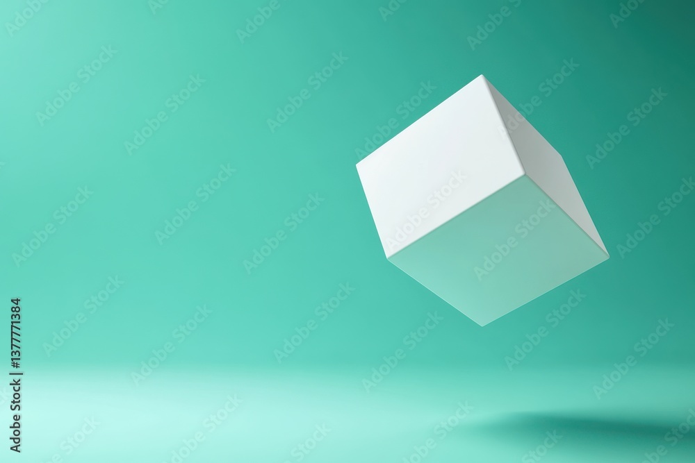Poster floating white cube against a teal background showcases modern design and minimalism in digital art 