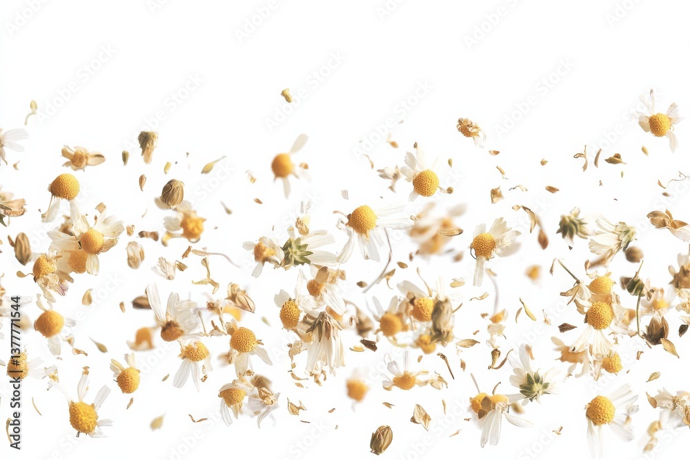 Poster floating flowers create a lively and vibrant atmosphere with scattered petals in bright surroundings