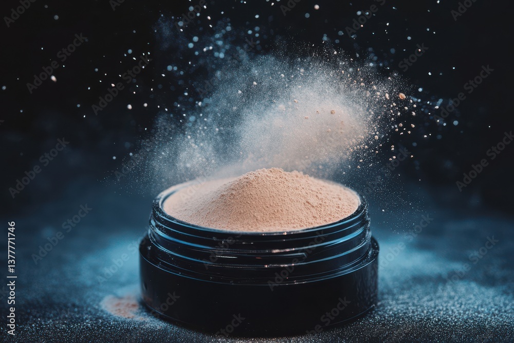 Poster Powder floating in the air above an open container creates a mesmerizing visual effect in a dark setting