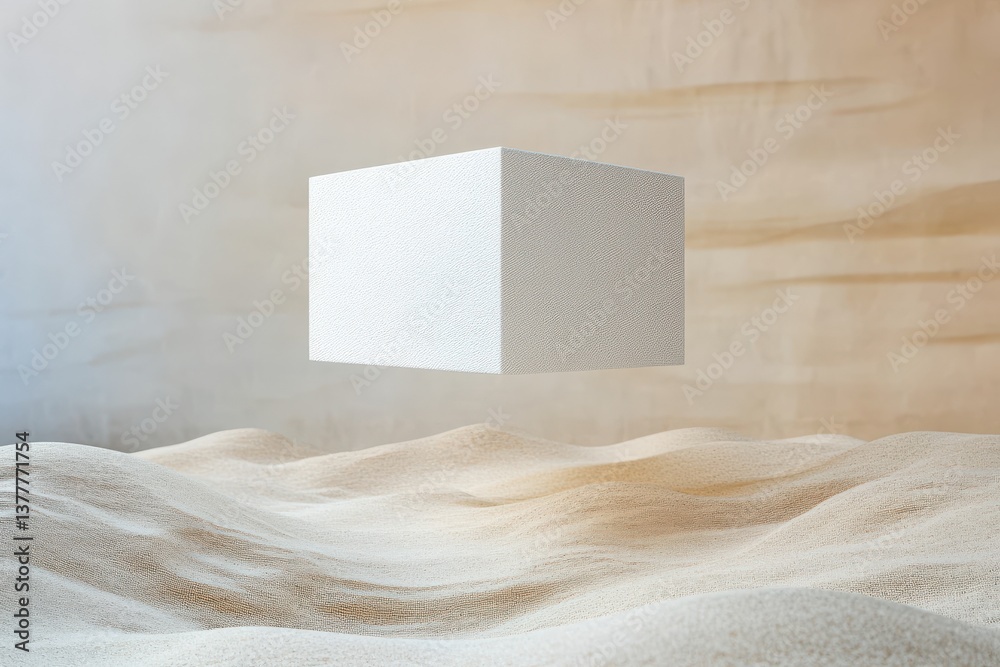 Poster Floating white cube over undulating sand dunes under soft lighting creates a surreal atmosphere in a minimalist landscape