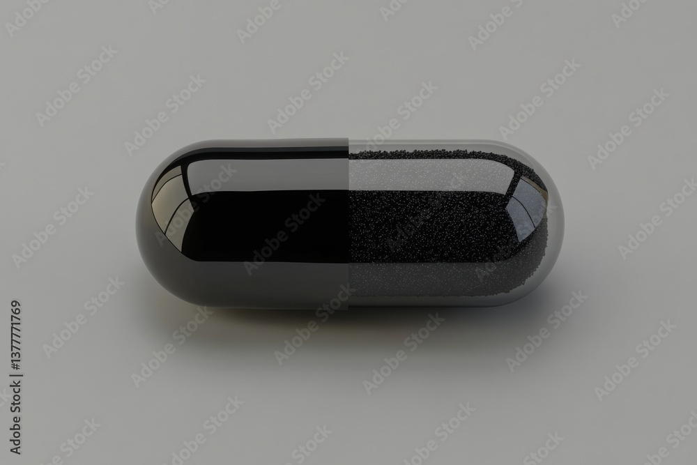 Poster Innovative design of a black capsule showcasing smooth and textured surfaces in a minimalist setting