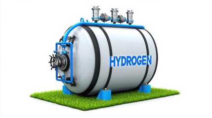 A large cylindrical hydrogen storage tank with a sleek modern design equipped with various valves pipelines and control panels situated on a grassy field