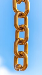 Obraz premium Gold chain links cascade against a clear blue sky, forming a powerful vertical connection