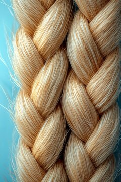 Detailed macro view of kenaf fiber threads on a pastel blue background