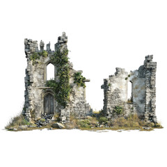 Ruined medieval stone tower overgrown with ivy, featuring broken walls and a weathered entrance, isolated on transparent background.