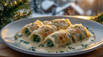 Swiss Capuns Chard Wrapped Dumplings elegantly plated a creamy sauce golden hour light streaming onto the dish cozy alpine setting in the background