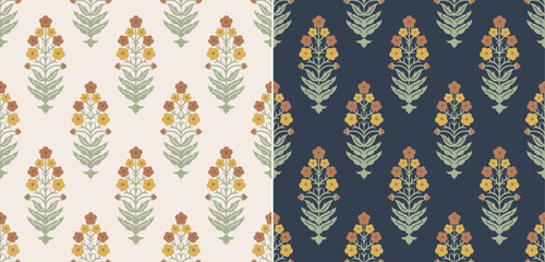 Multicolor Blossoms with Green leaves Repeat Block Print Design 