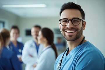 Fototapeta premium A smiling nurse with a stethoscope in a hospital hallway