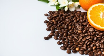 Fresh coffee beans and citrus fruits arranged creatively for a vibrant display