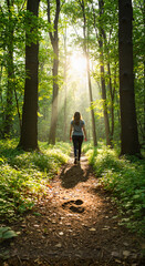 Obraz premium Woman taking first step in a forest with sun rays shining 
