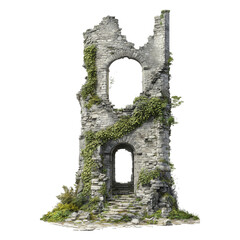 Ruined medieval stone tower overgrown with ivy, featuring broken walls and a weathered entrance, isolated on transparent background.
