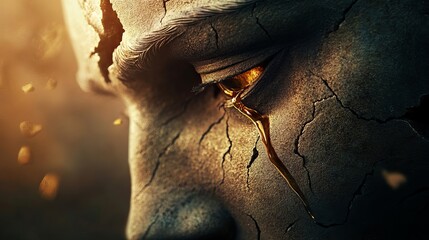A close-up of a cracked face with a golden tear, symbolizing beauty and fragility in an emotional setting.
