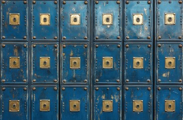 Striking blue lockers with shiny gold handles in a school