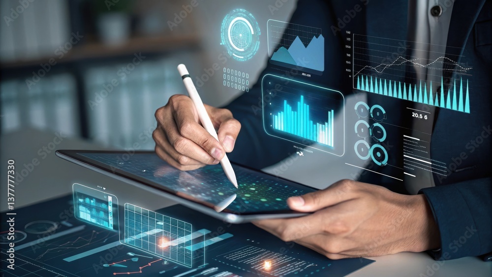 Poster a person using a digital tablet to analyze data with various graphs and charts displayed in a modern