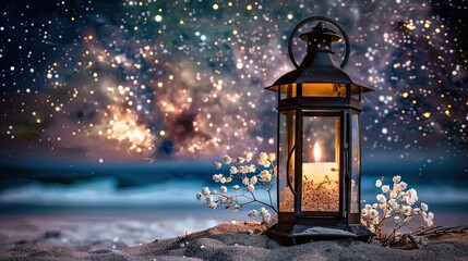 A black lantern with white flowers on the beach at night