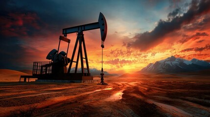 Naklejka premium A towering oil pumpjack silhouetted against a dramatic sunset sky dominates the arid sun scorched desert landscape highlighting the extraction of fossil fuels from the remote and harsh terrain