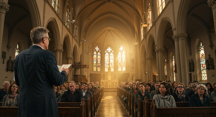 Pastor delivering sermon to congregation in illuminated church  