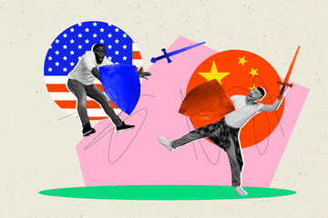 Sketch design trend artwork photo collage of two man fight chine win usa guy fly lose hold sword...