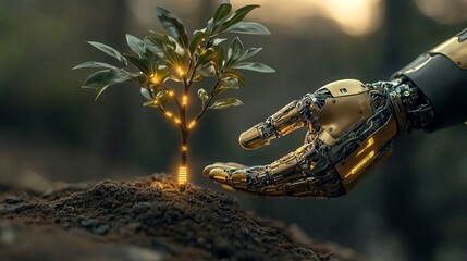 A robotic hand nurturing a small glowing tree, symbolizing the harmony between technology and nature.