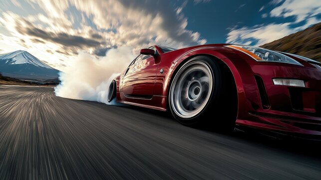 Drifting a 350z Near Mount Fuji at Sunset with Tire Smoke and a Polished Red Body