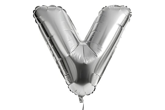 A shimmering silver letter V balloon, celebrating victory, a vibrant symbol of achievement and triumph, against a stark white background.