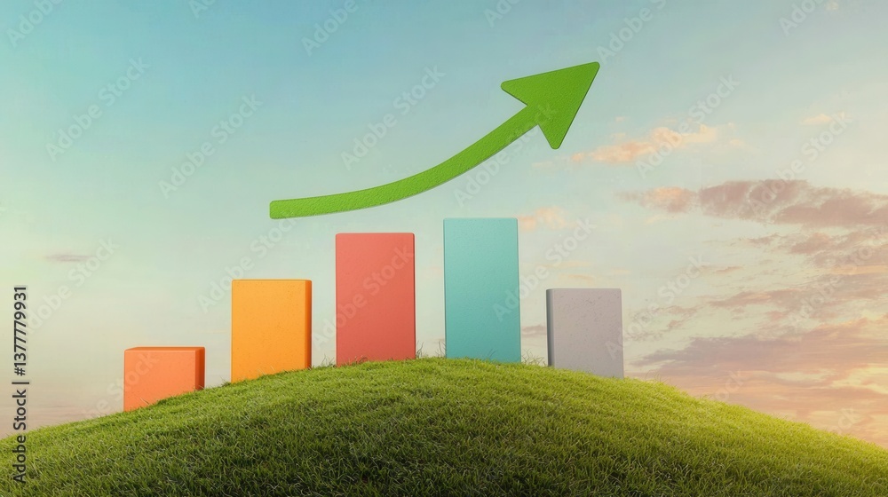 Poster a digitally rendered image depicting a stylized graph with an upward arrow on a grassy hill against 