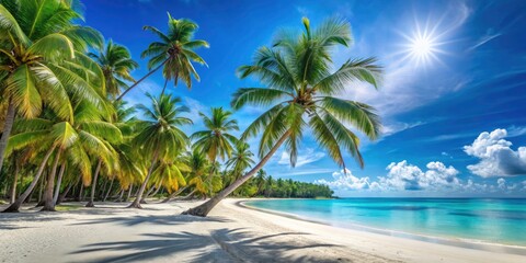 Panoramic Tropical Beach: Idyllic Palms, Empty Sand, Sunlit Paradise