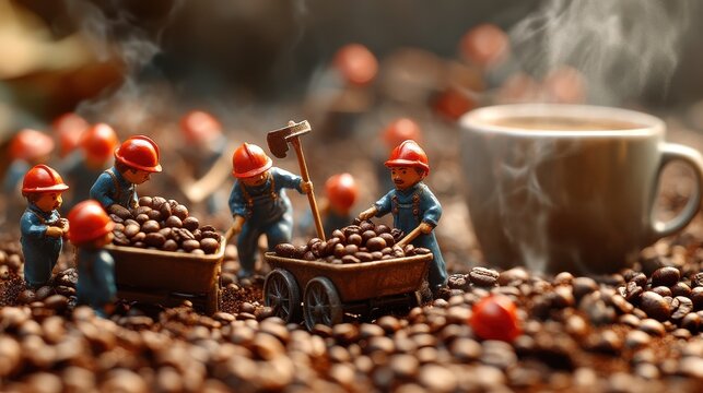 Tiny artisans harvest coffee beans in a surreal miniature landscape with steam rising from a warm cup