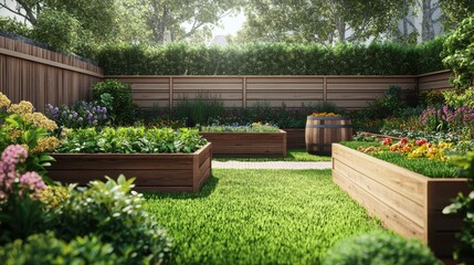 Obraz premium Discover harmony in a backyard garden with raised wooden beds, blooming flowers, and a charming compost bin under the sun's warm embrace