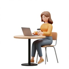 Woman Working at Laptop Holding Coffee Cup on White Background