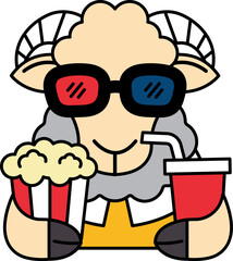 isolate illustration of Sheep wearing 3D glasses and holding popcorn and a soda