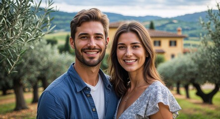Obraz premium Happy young couple in Tuscan villa with olive groves background portrait photo 