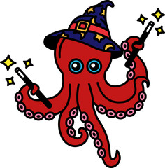 isolate illustration of Squid wearing a wizard hat and holding a wand