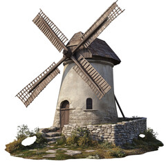 Medieval windmill with wooden sails and a stone base, rustic design and textured walls, isolated on a transparent background.