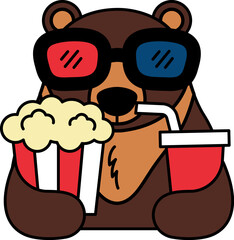 isolate illustration of Bear with 3D glasses holding popcorn and soda © Koon