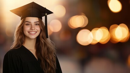 A cheerful young woman wearing a black graduation gown and cap smiling proudly as she celebrates the successful completion of her higher education degree