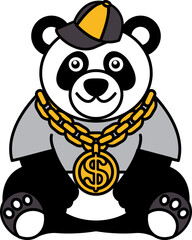 isolate illustration of Panda wearing a cap and gold necklace