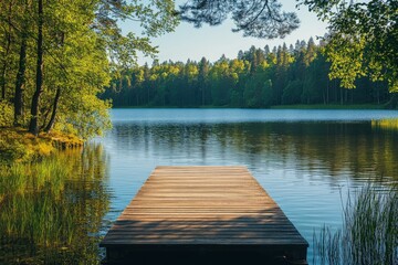 Dock by a sunlit lake surrounded by trees and clouds