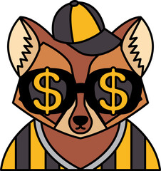 isolate illustration of Raccoon wearing dollar glasses and a cap