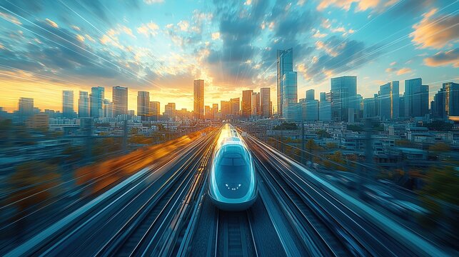 Futuristic high-speed train gliding through modern cityscape with blue-white color scheme and light-speed blur effect. Streamlined maglev design
