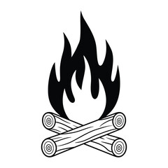 Campfire illustration with flames and crossed logs.