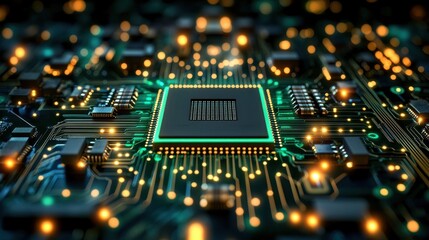 Close-up of a Central Processing Unit (CPU) on a Circuit Board, Glowing with Technology