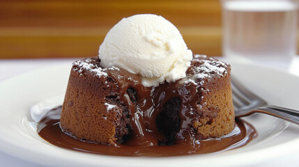 decadent chocolate lava cake with molten center, dusted with powdered sugar and topped with a scoop of vanilla ice cream,
