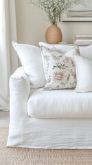 White sofa with floral pillow placed in a softly lit room decorated with a vase and natural elements